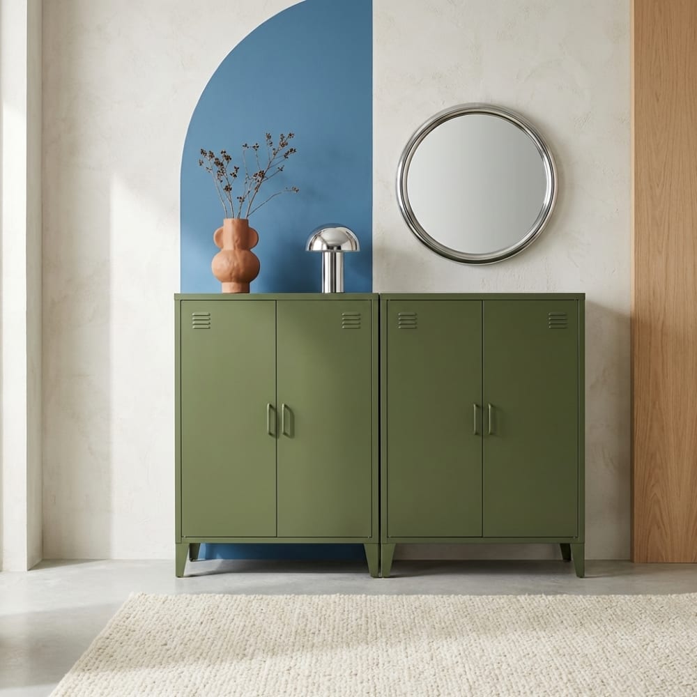 sweeek 2er-Set Kommoden aus Metall mit 2 Türen khaki style industrial GRÜN METALL Kinder