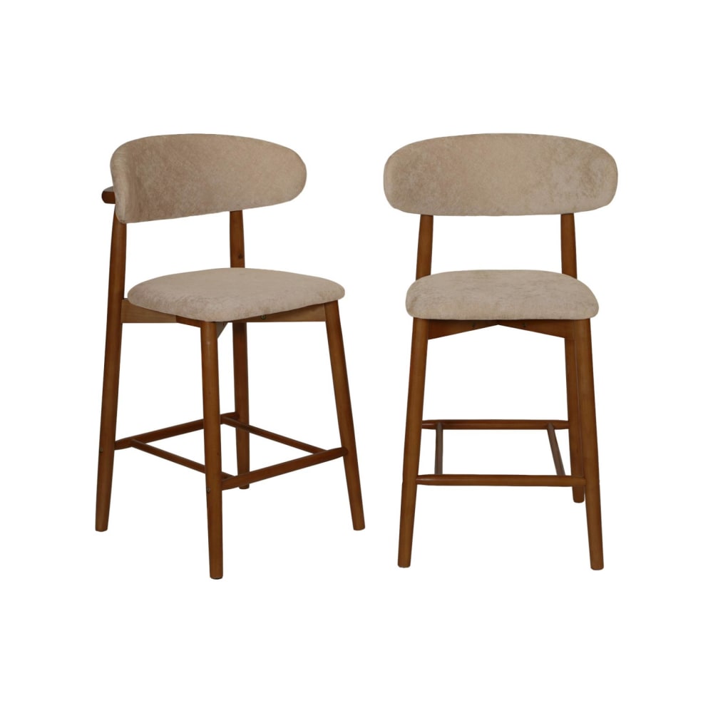 2 tabourets de bar bois noyer tissu chenille taupe