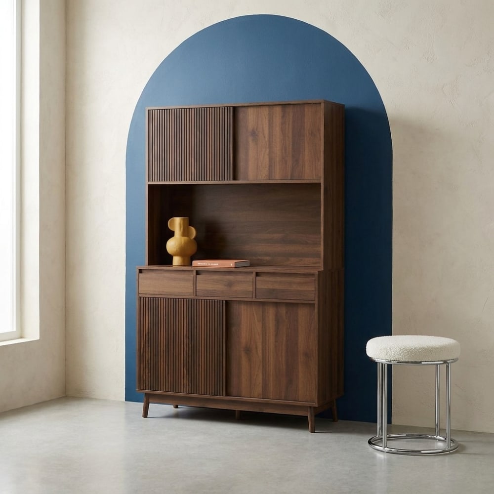 Buffet de cuisine décor bois 4 portes 3 tiroirs 110 cm noyer Buffet de cuisine décor bois 4 portes 3 tiroirs 110 cm noyer