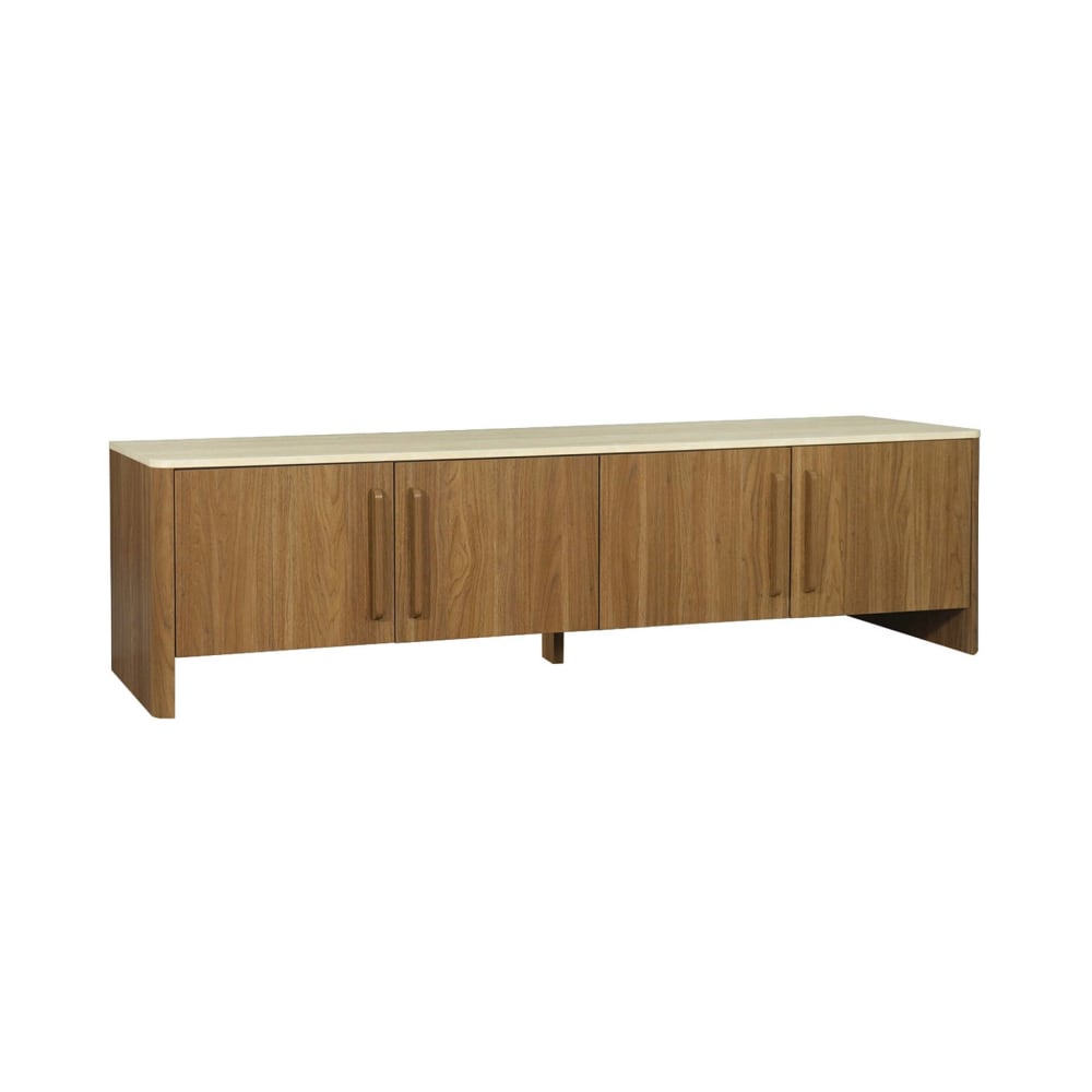 Meuble tv décor bois noyer et effet travertin 4 portes 180cm Meuble tv décor bois noyer et effet travertin 4 portes 180cm