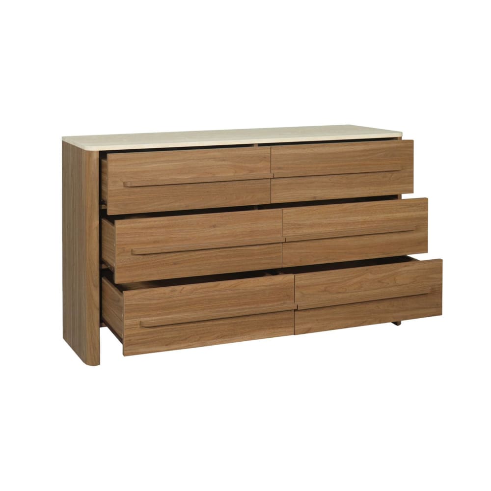 Commode décor bois noyer et effet travertin 6 tiroirs