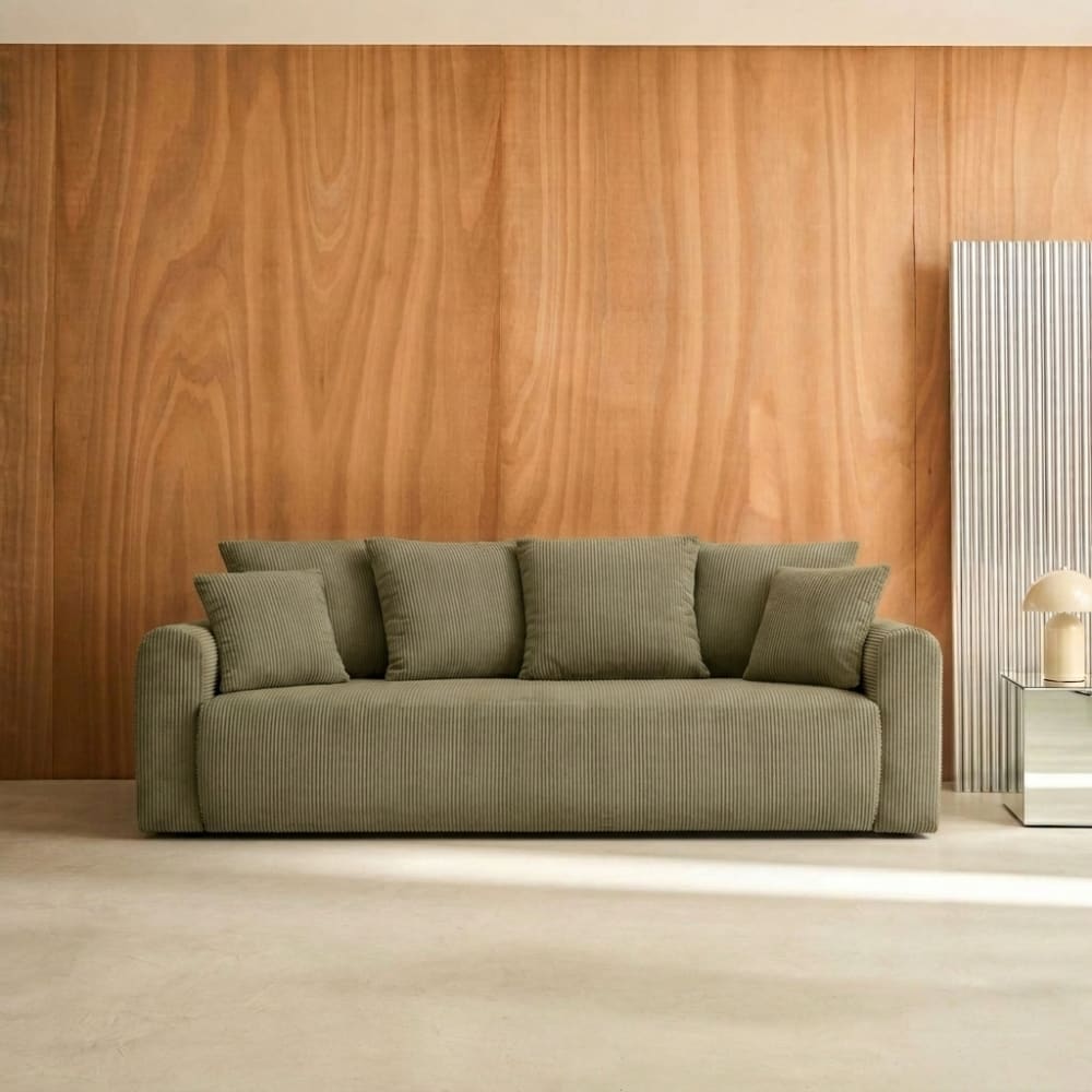 sweeek 3-Sitzer Schlafsofa mit Stauraum und Cordbezug khaki sweeek style modern Grün Samt