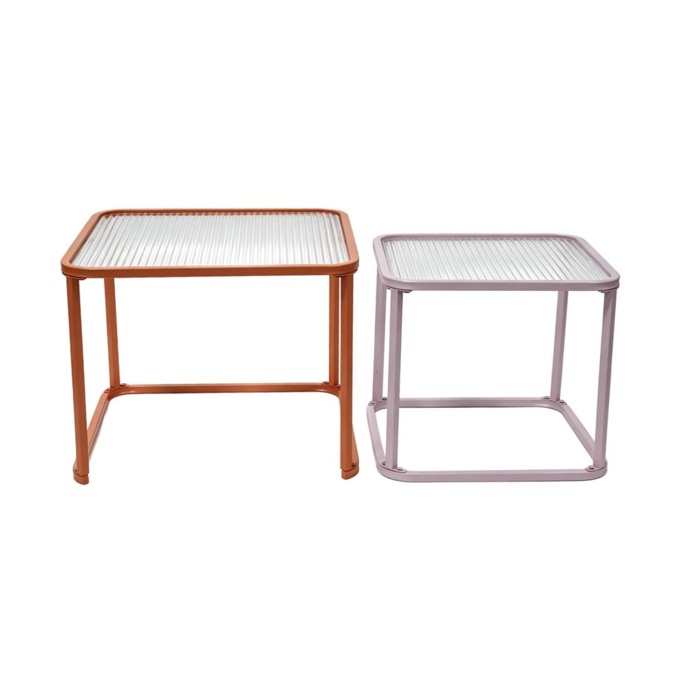 Tables gigognes métal et verre strié orange et rose