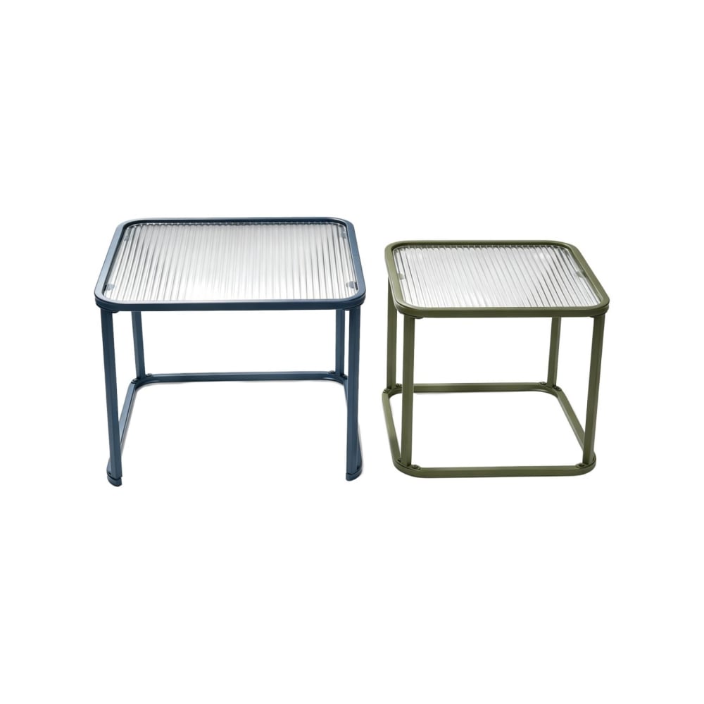 Tables gigognes métal et verre strié bleu et vert