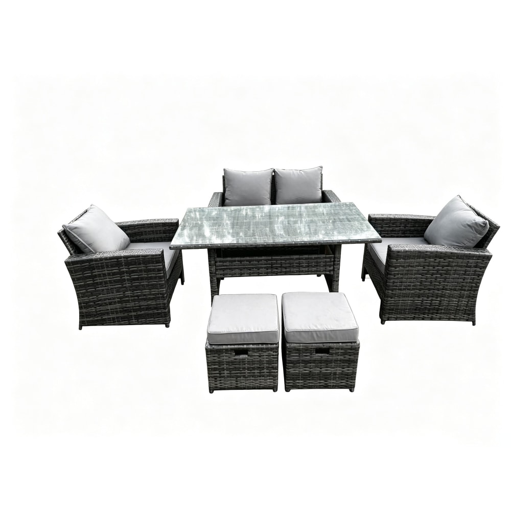 Fimous Rattan 6er Set Esstisch Sofa Hocker Dunkelgrau - Rattan