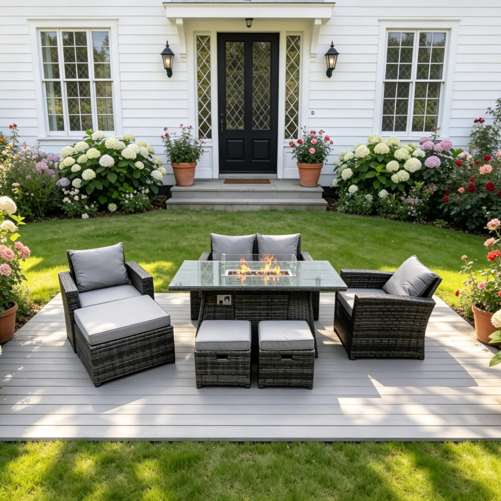 Rattan 7er Set Gasfeuertisch Esstisch Sessel Sofa 3 Hocker