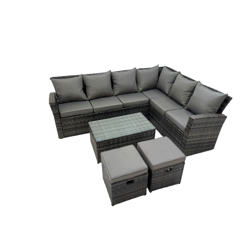 Fimous Hochlehner Ecksofa Set Lang-Tisch Hocker Gartenmöbel 8er Grau Rattan