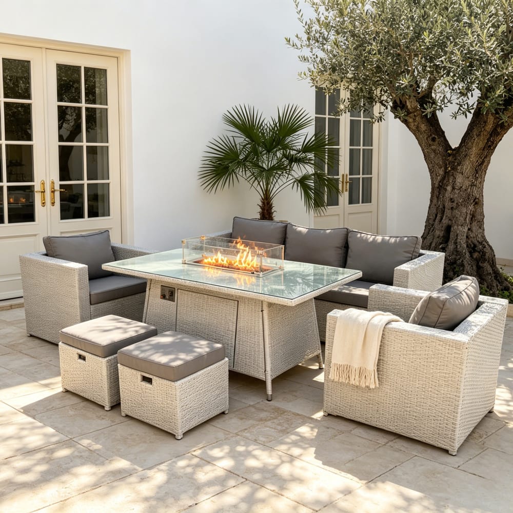 Rattan Gartenmöbel Set Gasfeuertisch Sofa 2 Sessel Hocker