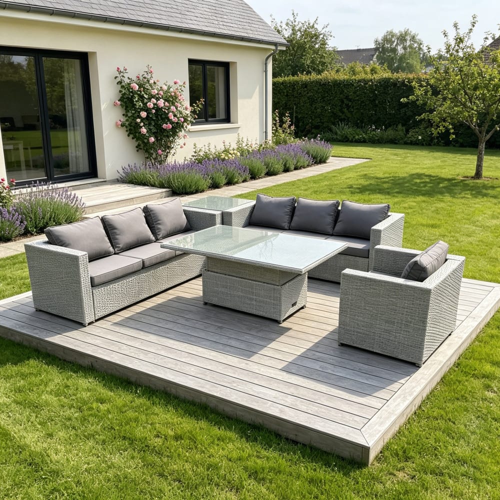 Rattan Gartenmöbel Set verstellbarer Tisch Sofa Sessel Hellgrau -