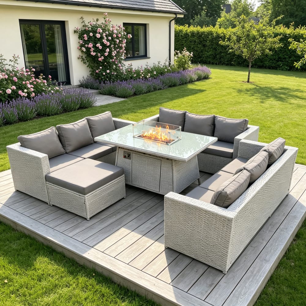 Rattan 10er Set Gasfeuertisch Sofa Hocker Gartenmöbel Hellgrau -
