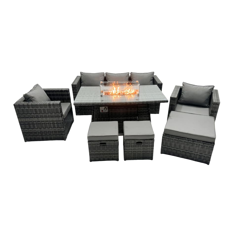 Fimous Rattan Set Gasfeuertisch Esstisch Sessel 3 Hocker Dunkelgrau - Rattan
