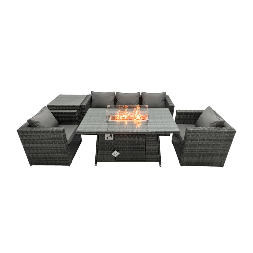 Fimous Rattan Set Gasfeuertisch Esstisch Sessel Beistelltisch Dunkelgrau - Rattan