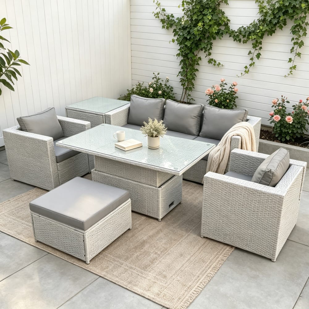 Rattan Gartenmöbel Set verstellbarer Tisch Sofa Hocker Sessel