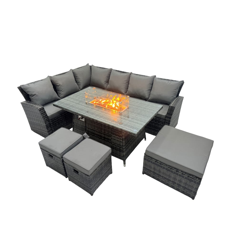 Fimous Rattan 9er Set Esstisch Hocker Dunkelgrau links - Rattan