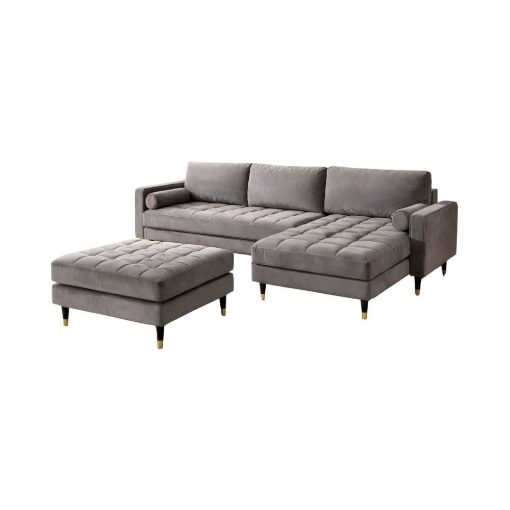 Canapé d'angle avec pouf 5 places en velours de polyester gris Canapé d'angle avec pouf 5 places en velours de polyester gris