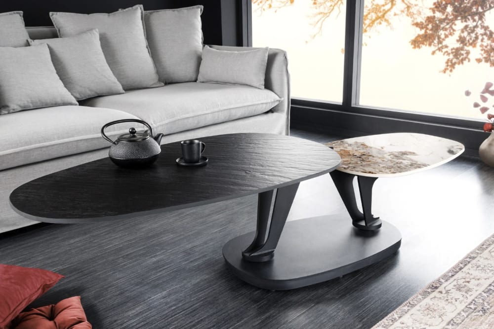 Table basse en céramique noire et effet pierre naturelle 95x40x57cm