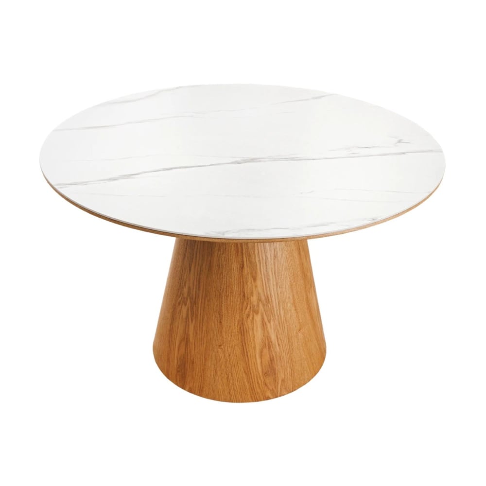 Table ronde en céramique effet marbre blanc et pieds effet bois d120cm