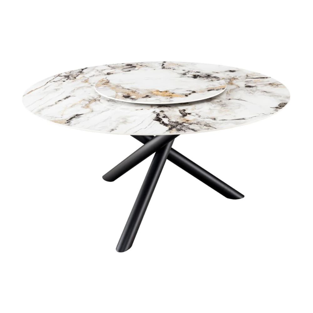 Table en céramique effet marbre, verre et pieds en fer noir d150cm
