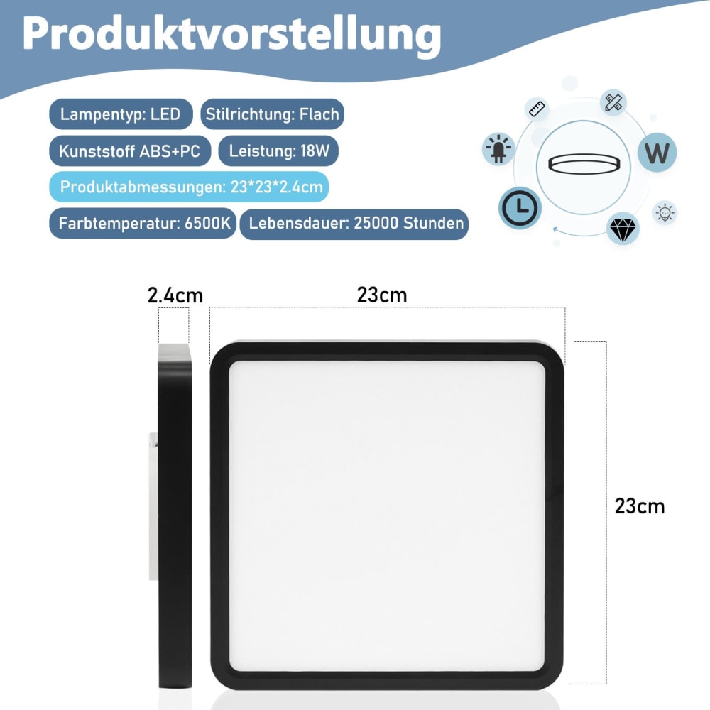 Plafonnier en plastique noir 23x23x2.4cm led 6000k 18w — vue 4