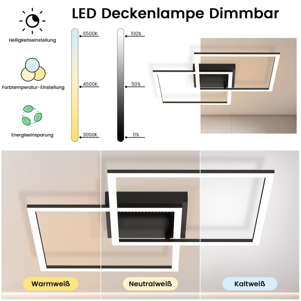 Plafonnier en fer noir 54x54x7.5cm led intensité variable 52w — vue 4