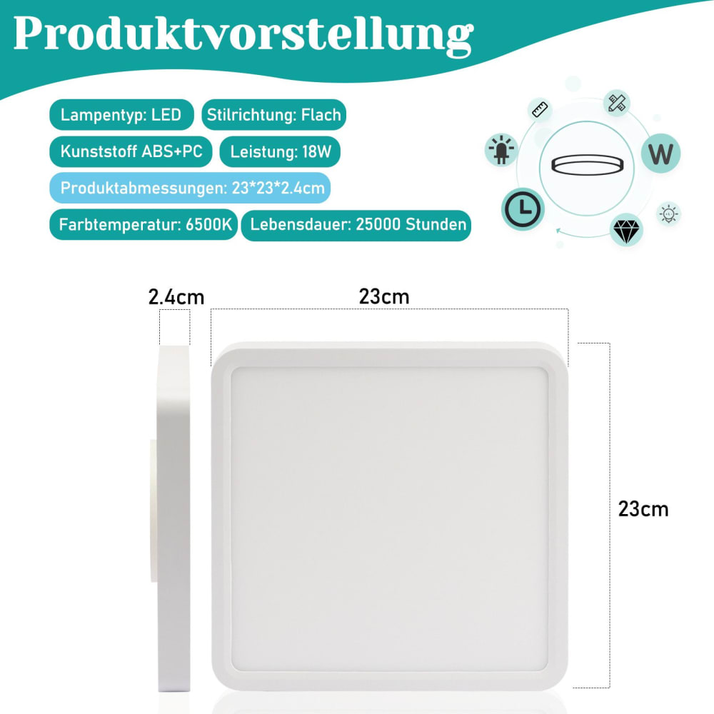 Plafonnier en plastique blanc 23x23x2.4cm led 6000k 18w — vue 4