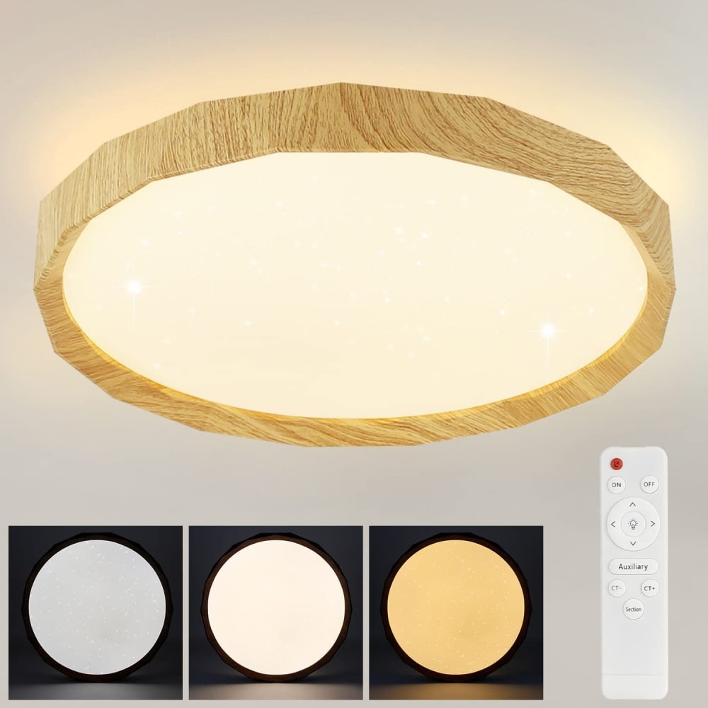 Deckenleuchte Eisen 40x40x7cm Holzfarbton LED Intensité variable