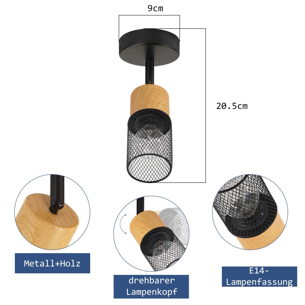 Spot de plafond en fer noir 9x20x21cm e14 — vue 4