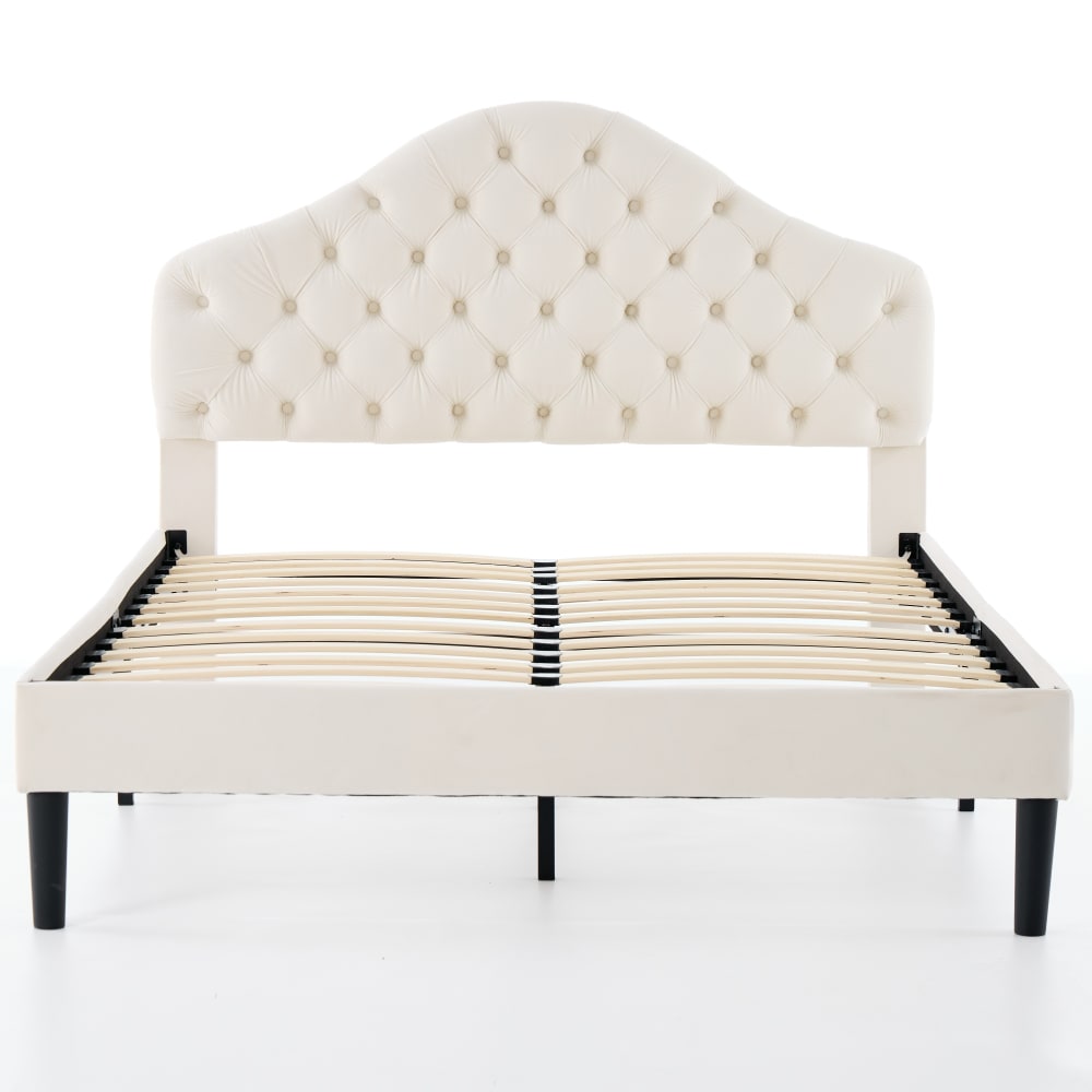 Lit plateforme capitonné en velours de coton beige 140x200 cm