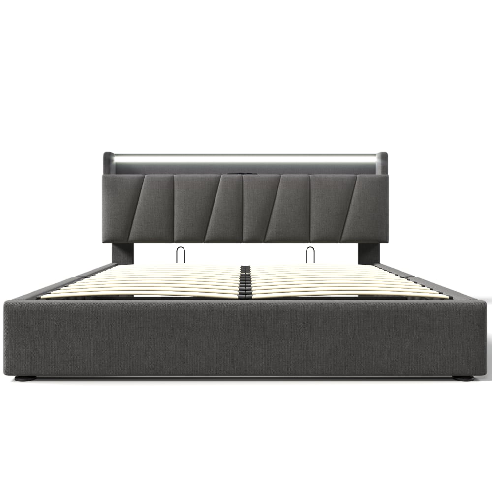 Lit double en lin avec rangement gris 140x200 cm Lit double en lin avec rangement gris 140x200 cm