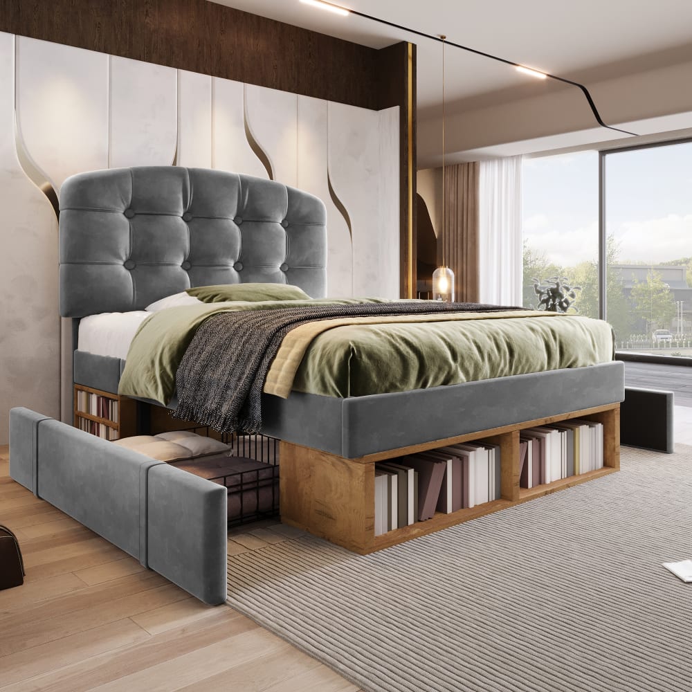 Einzelbett aus grauem Velours 90x200 cm - Maisons Du Monde