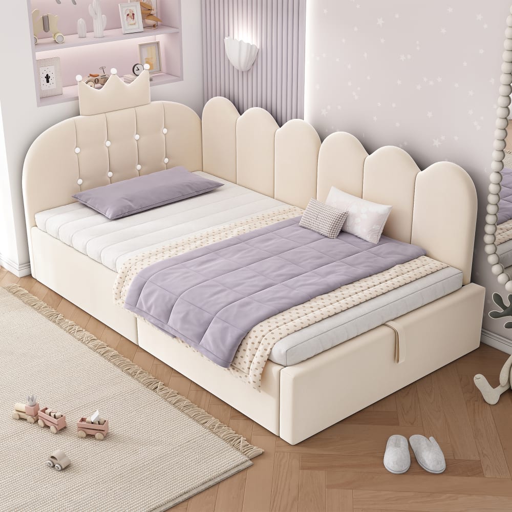 Tagesbett mit Stauraum aus beigem Velours 90x190 cm - Maisons Du