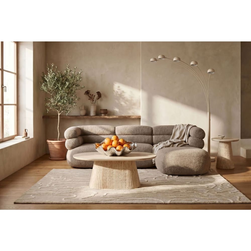 Couchtisch in Travertinstein-Optik aus Holz, beige, 120x60cm -