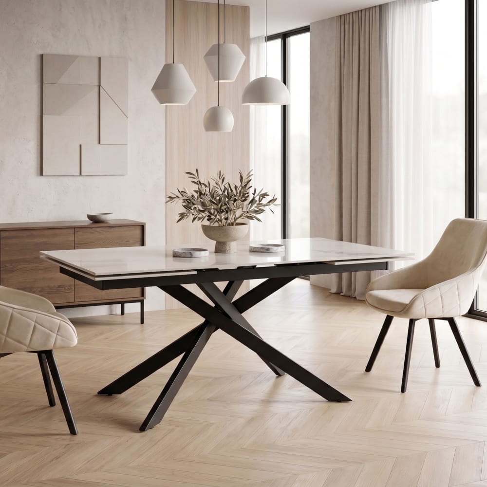 Konte.Design Ausziehbarer Tisch aus weißer Keramik in Calacatta-Gold-Optik 160–240 style modern - Keramik
