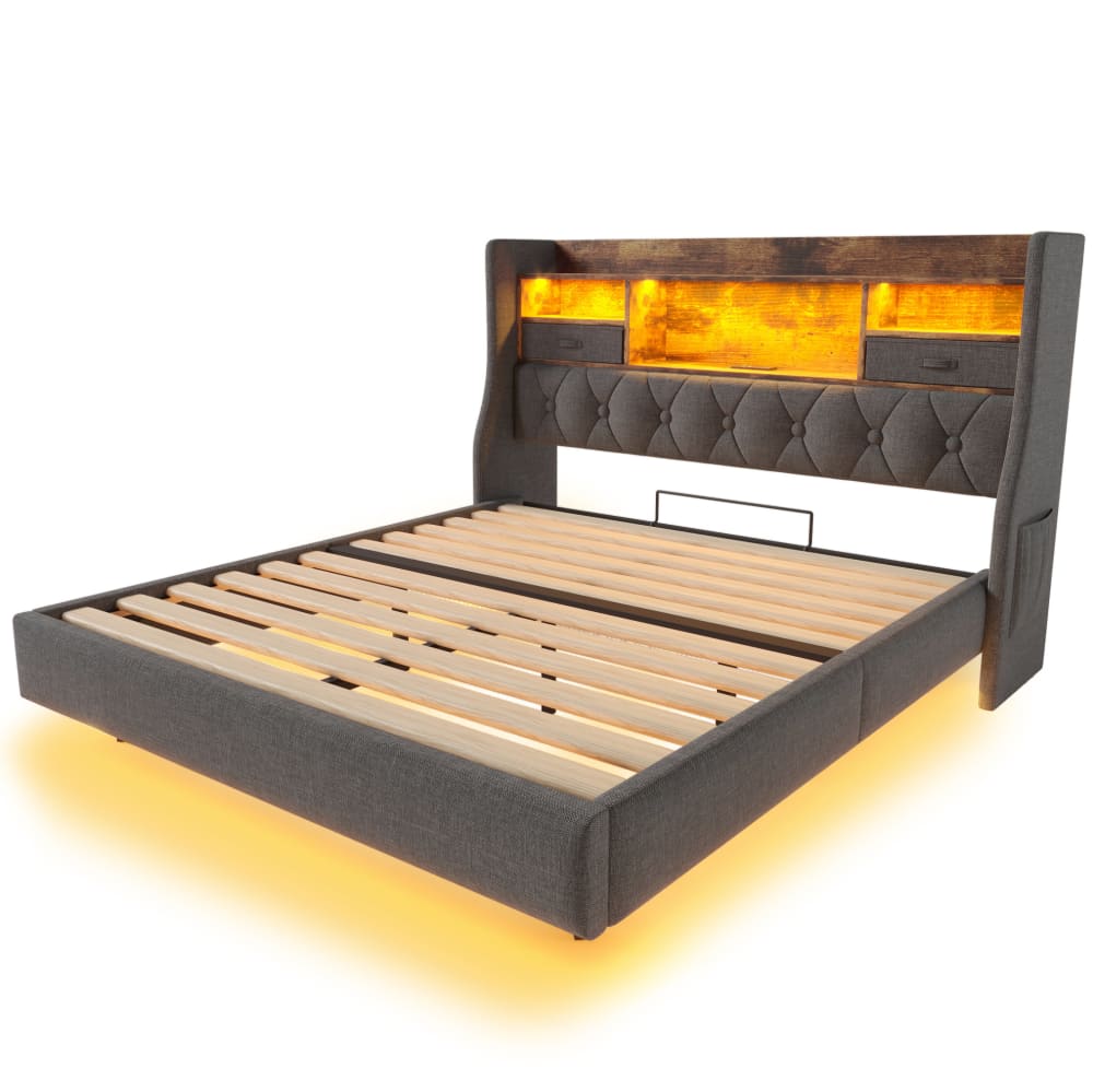 Lit adulte 140x200 cm led, tête avec étagères de rangement, lin gris