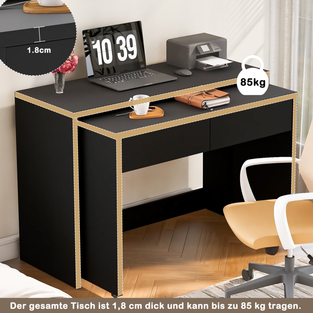 2-in-1 Falt-Schreibtisch mit Rollen, 110x40x78 cm, Schwarz -