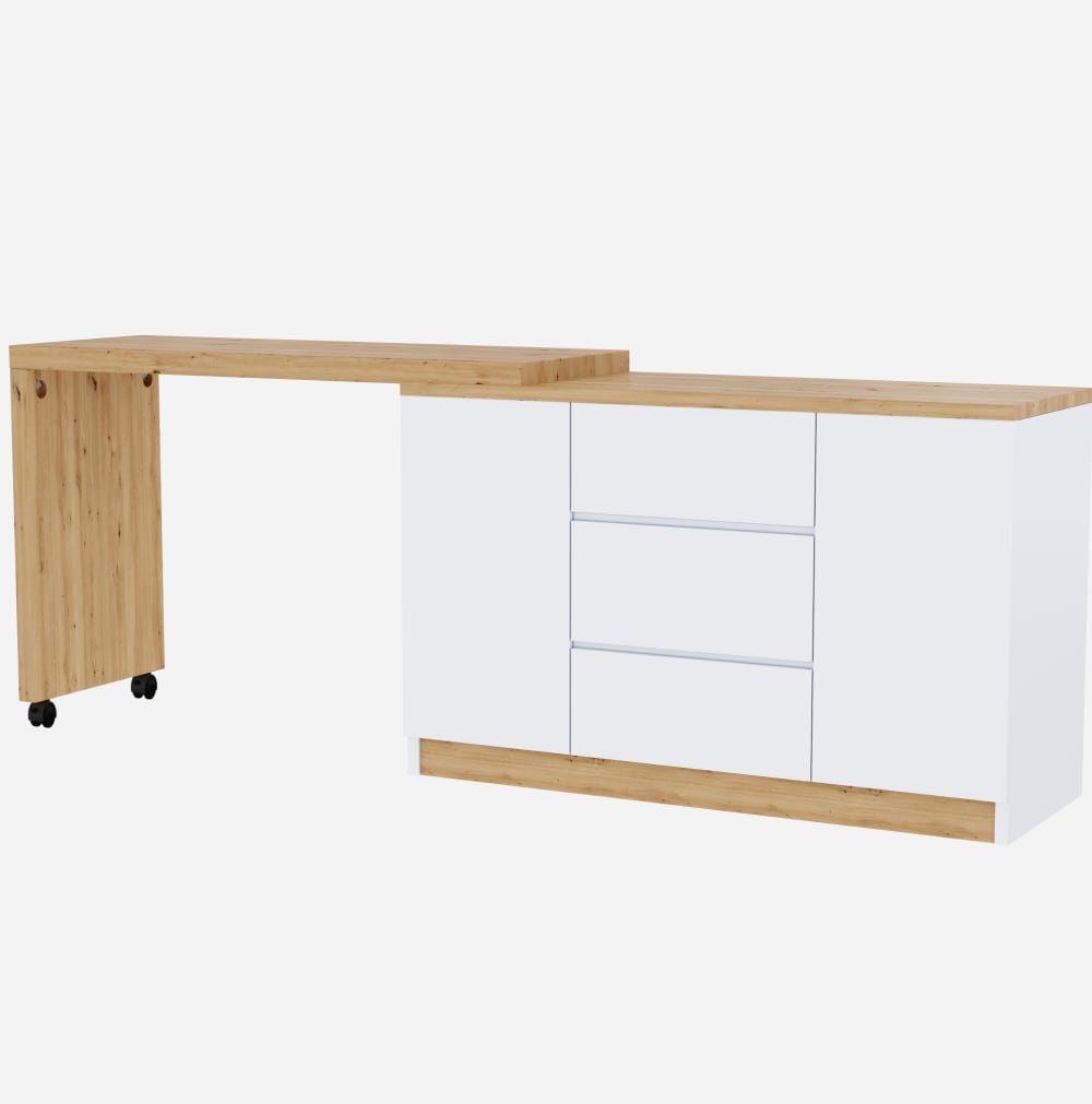 Bureau pliant à roulettes avec rangement, 120x50x76,5 cm, blanc/chêne