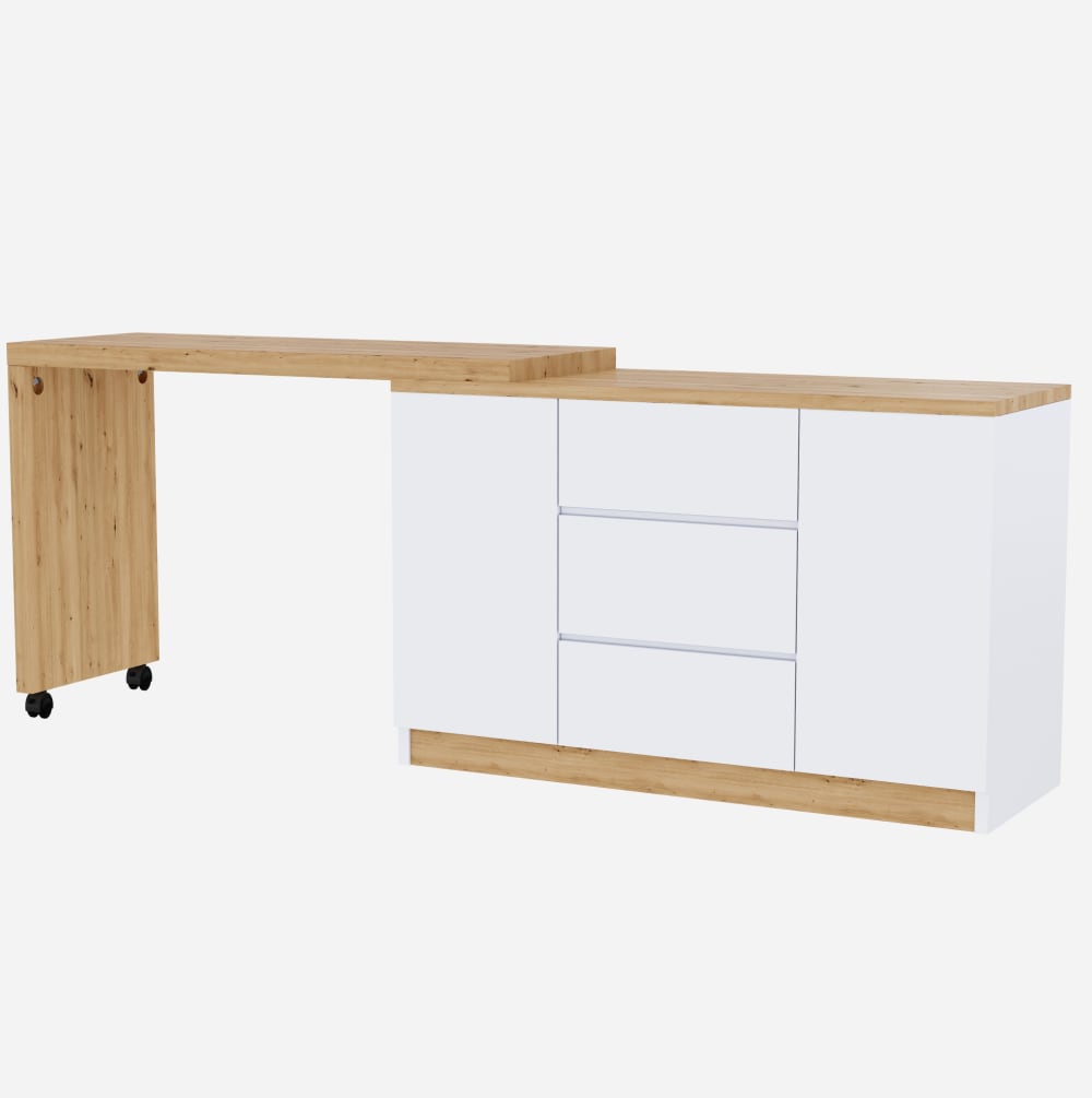 Bureau pliant à roulettes avec rangement, 120x50x76,5 cm, blanc/chêne