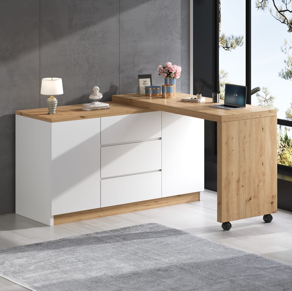Klappbarer Schreibtisch mit Stauraum 120x50x76,5 cm Weiß/Eiche -