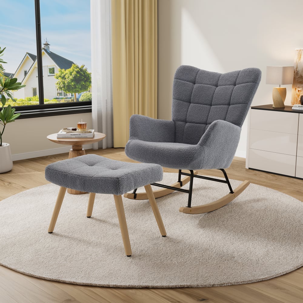 Fauteuil à bascule 68x88x91 cm gris avec repose-pieds, pieds en bois