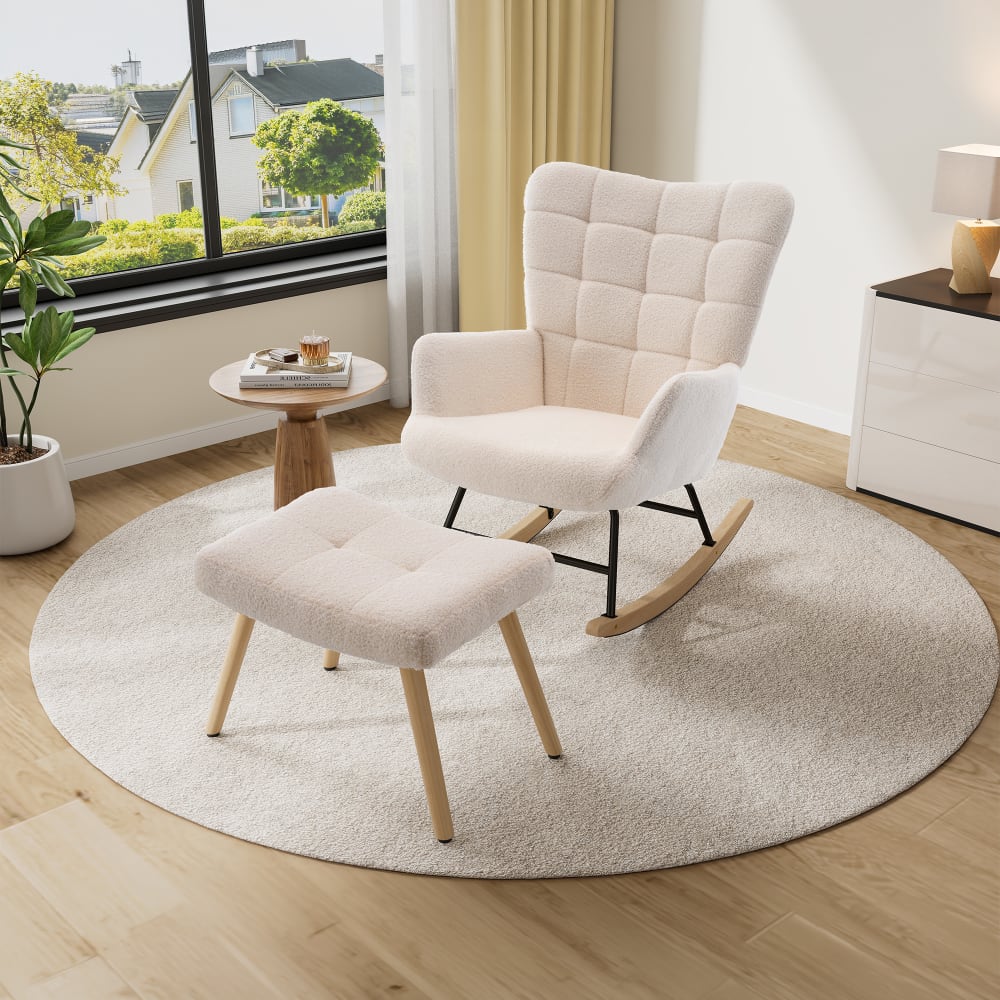 Fauteuil à bascule relax 68x88x91 cm avec repose-pieds, en tissu beige