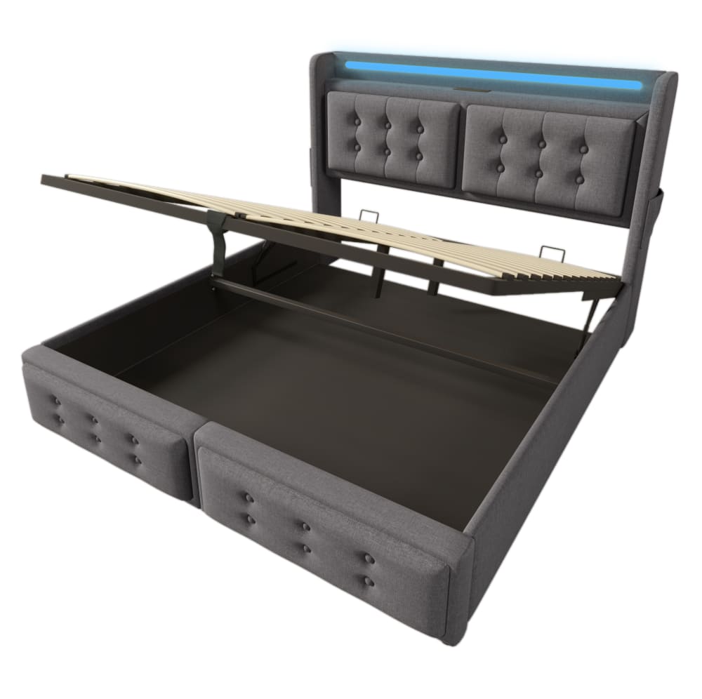 Lit adulte  coffre 160x200 avec led, port usb-c, rangement, gris