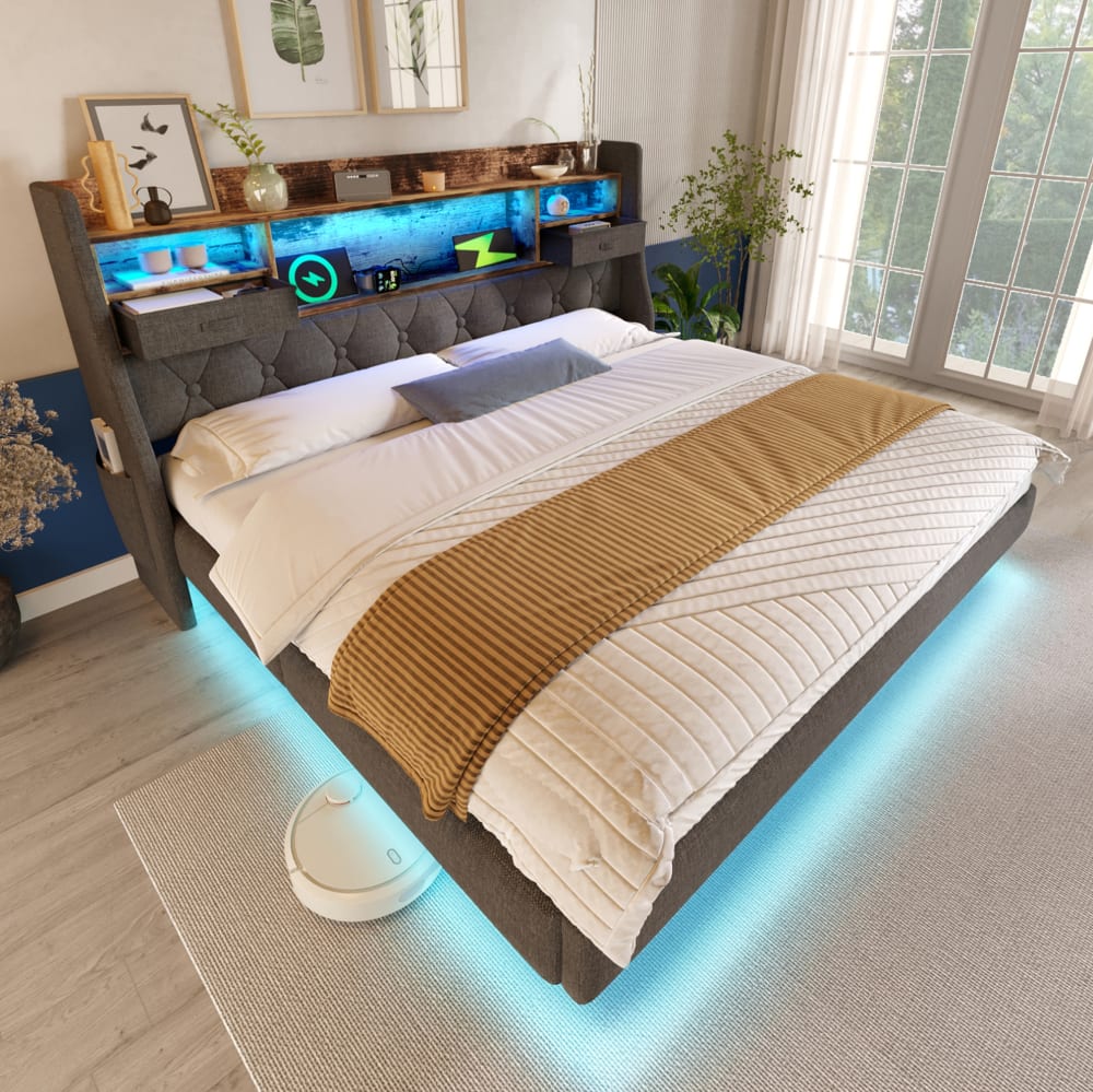 Lit adulte 180x200 cm led, tête avec étagères de rangement, lin gris