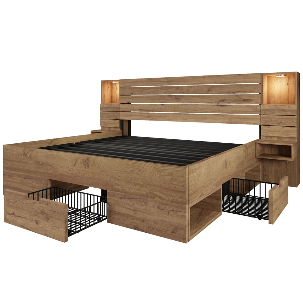 Lit double 180x200 cm avec éclairage led, port usb-c, rangement, chêne
