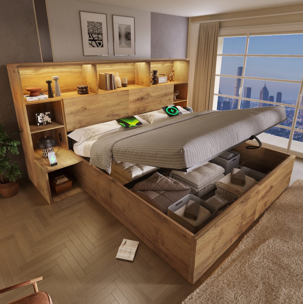 MODFU Systembett mit LED, USB-C, Stauraum, 160x200, Eiche style modern Braun Holz