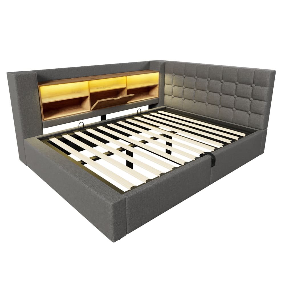 MODFU Polsterbett mit LED, Stauraum und Ladeports 140x190 cm Grau style modern Grau Leinen