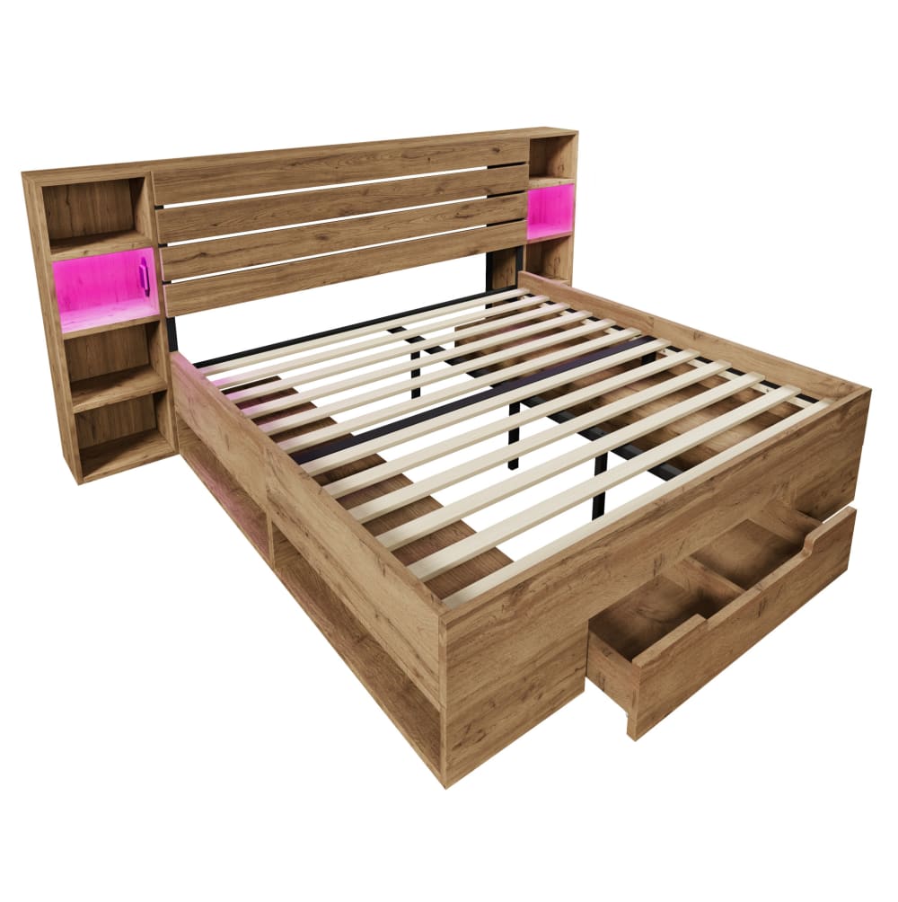 Lit double 160x200 cm avec éclairage led, port usb-c, rangement, chêne