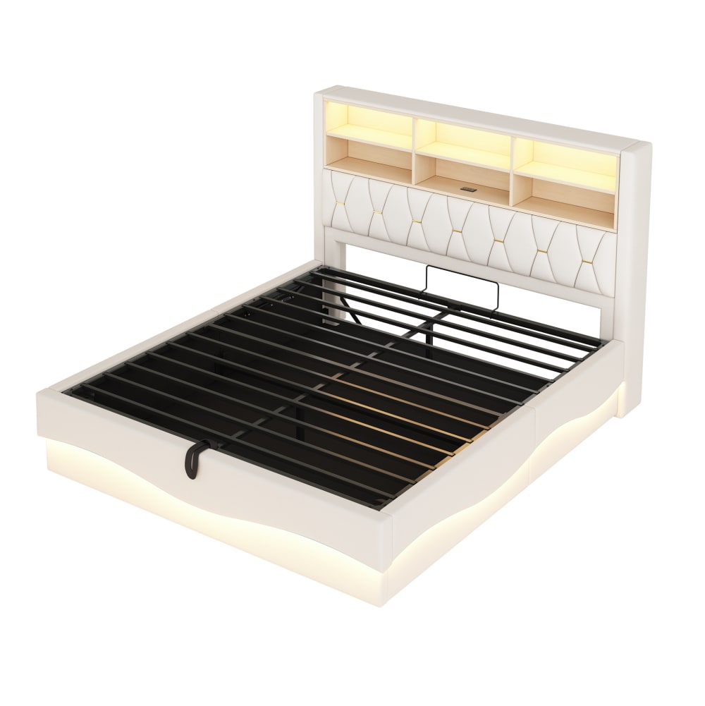Lit coffre avec éclairage led, rangement et port usb 180x200cm, beige