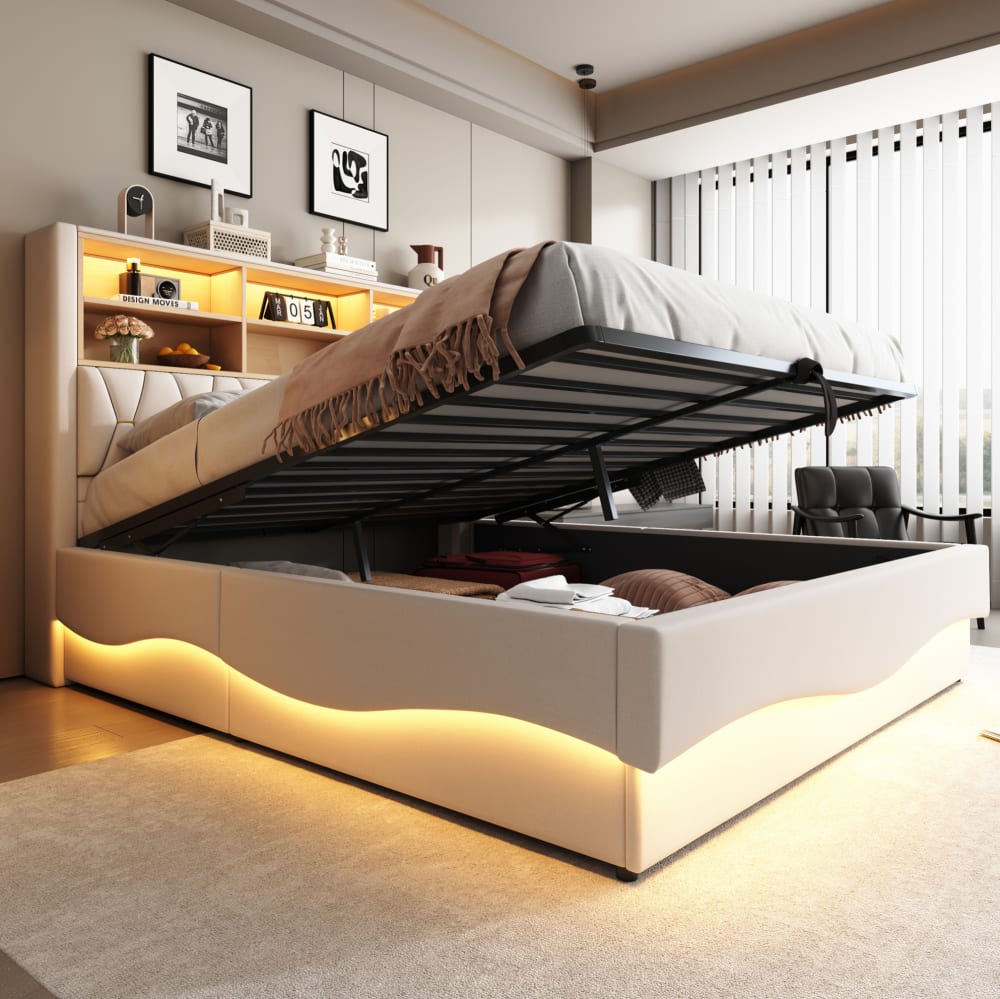 Lit coffre avec éclairage led, rangement et port usb 180x200cm, beige