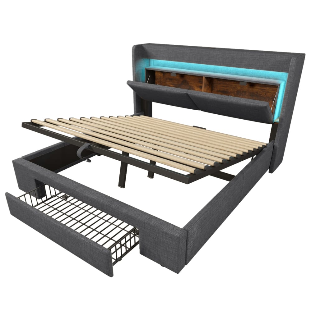 MODFU Polsterbett mit Stauraum, LED, USB-C, 160x200 cm, Grau style modern Grau Leinen