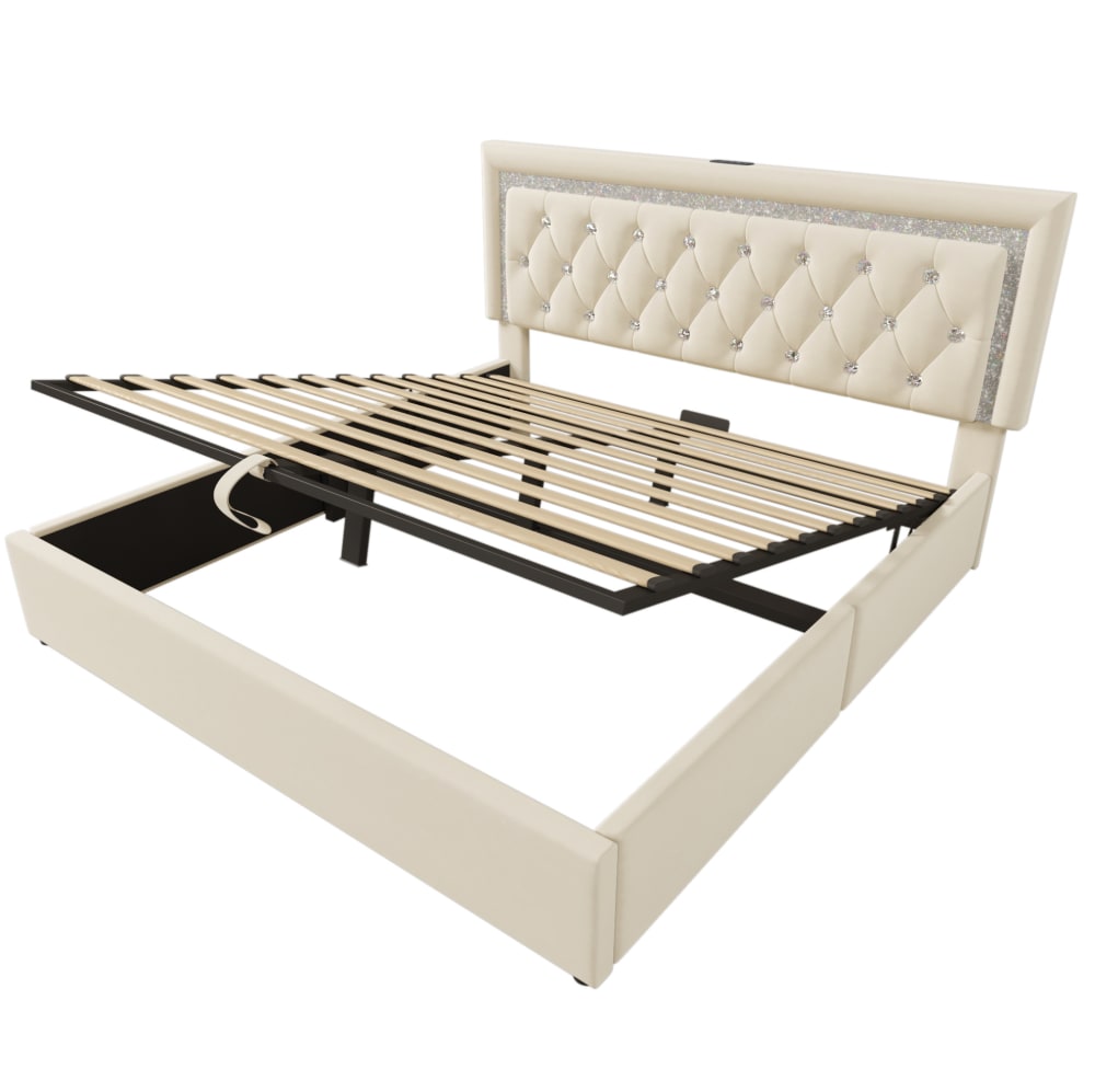 MODFU Polsterbett mit LED, USB-C und Bettkasten 160x200 Beige style modern Beige Samt